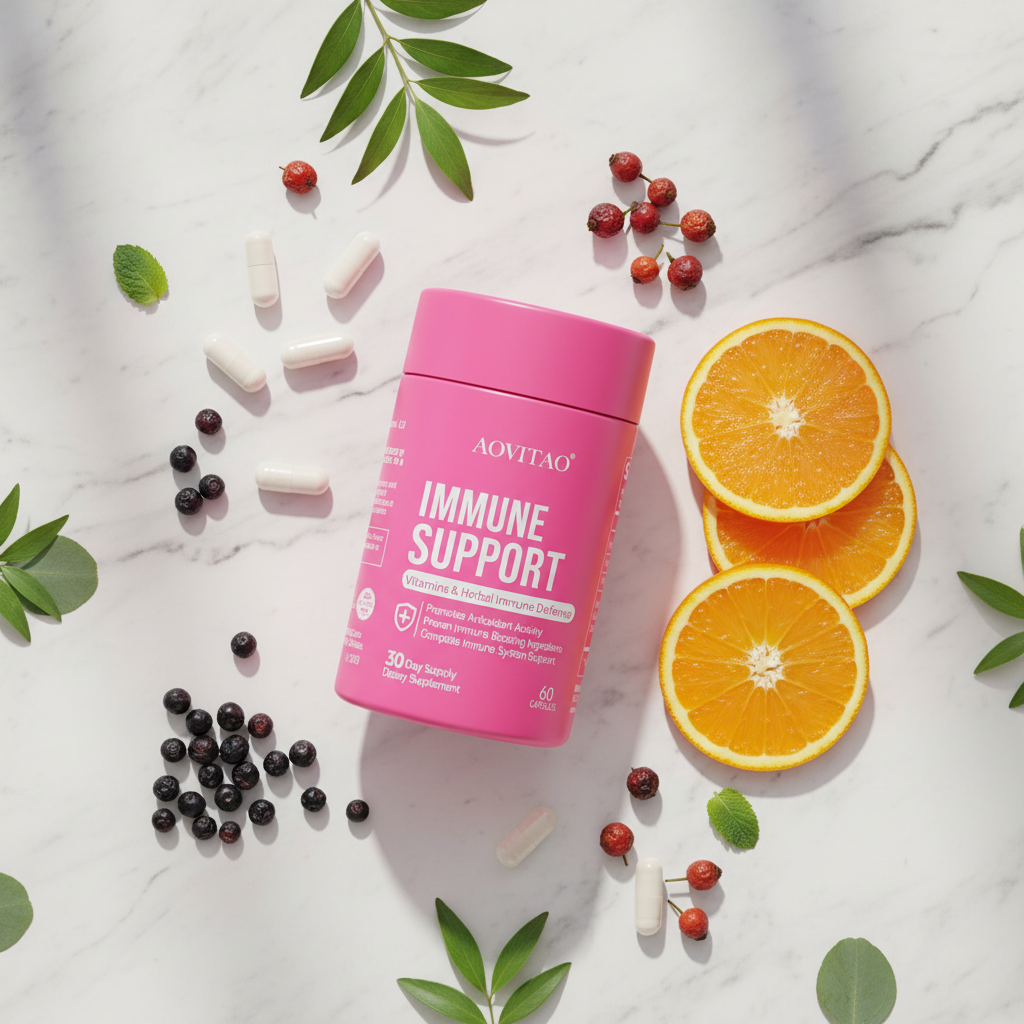 Immune support supplement botanical flatlay