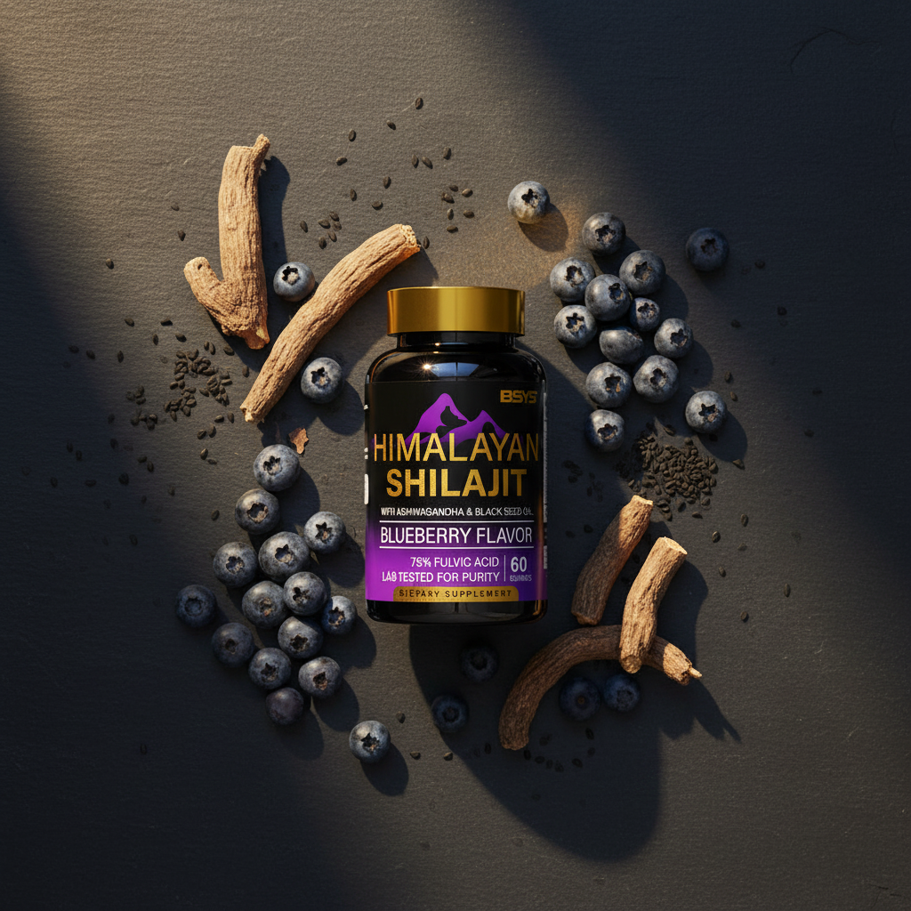 Shilajit gummies lifestyle dark flatlay