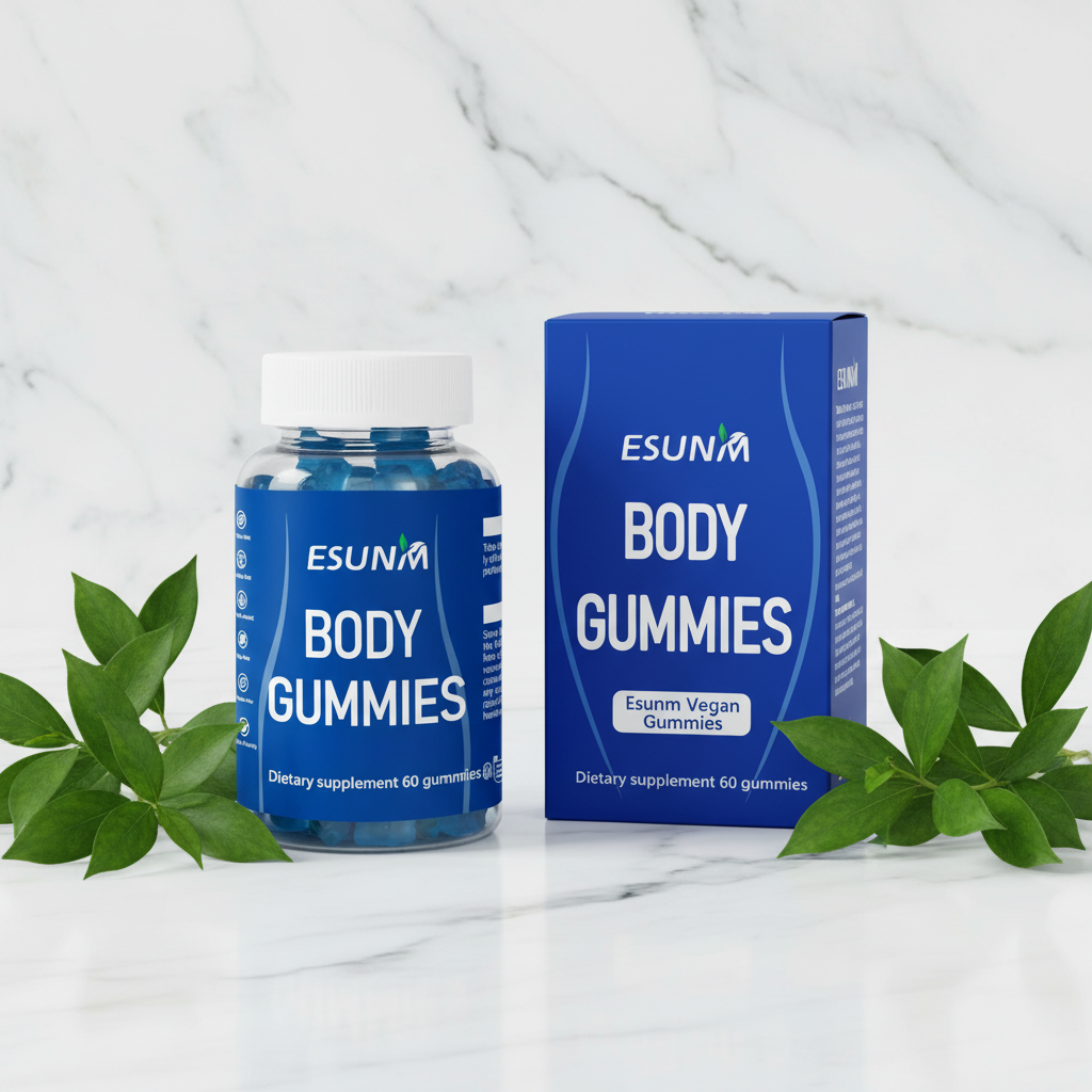 ESUNM Body Gummies on marble with botanicals