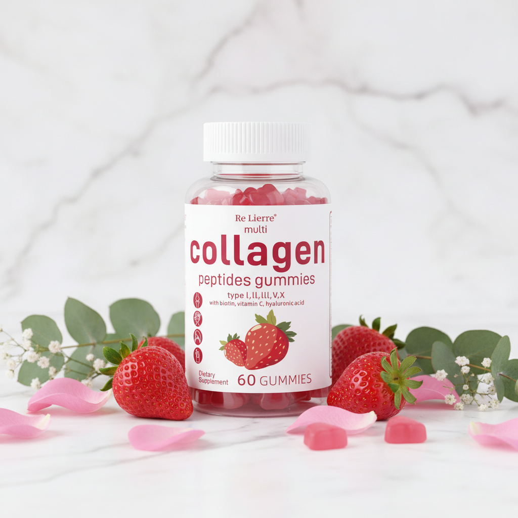 Collagen gummies with strawberries on marble