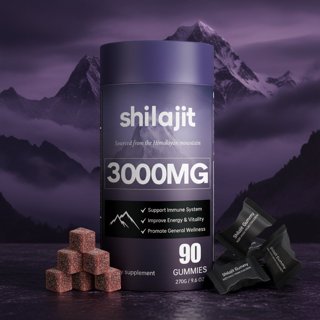 Shilajit gummies with Himalayan mountains