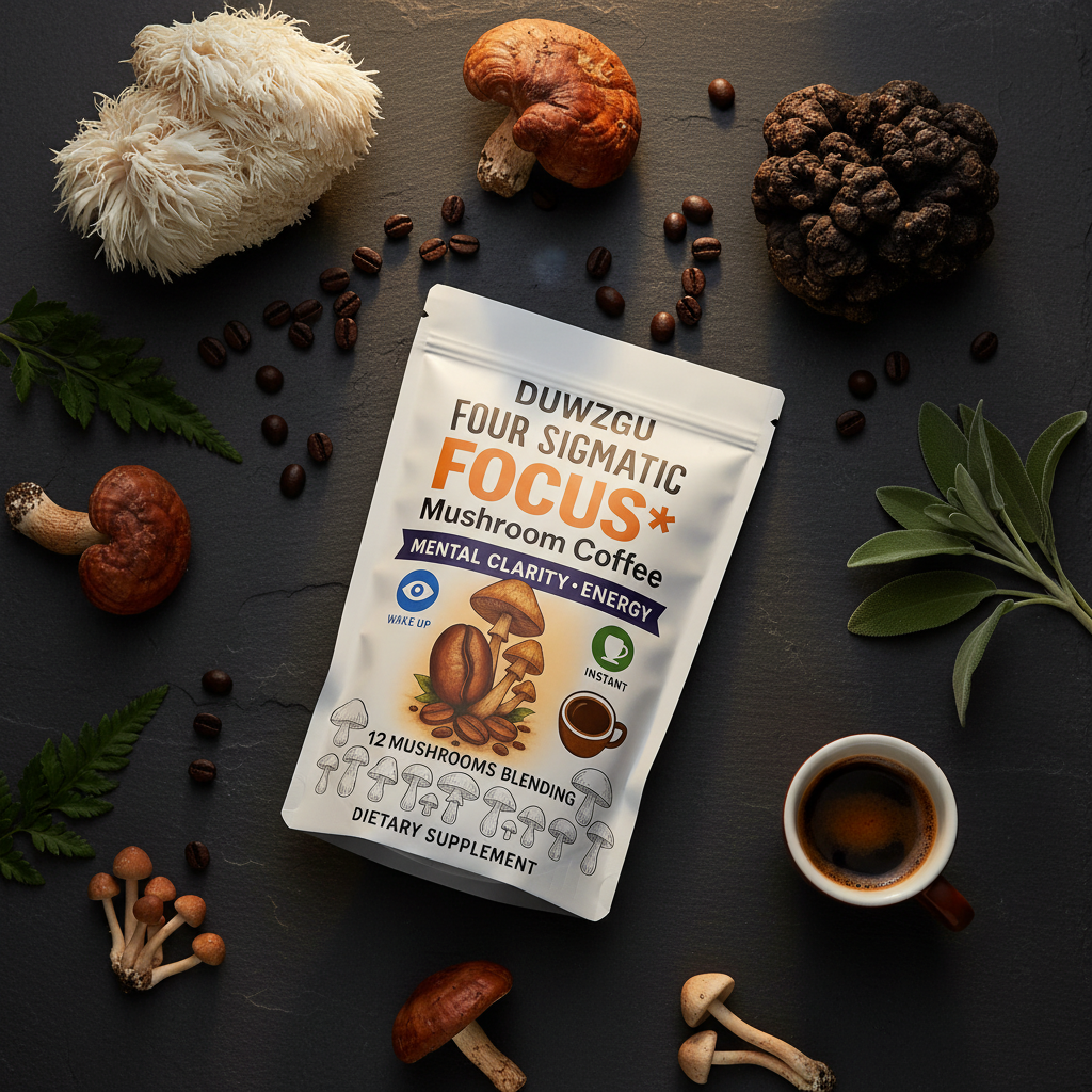 Mushroom coffee dark flatlay with 12 mushrooms