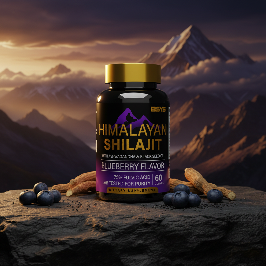 Shilajit gummies with Himalayan backdrop