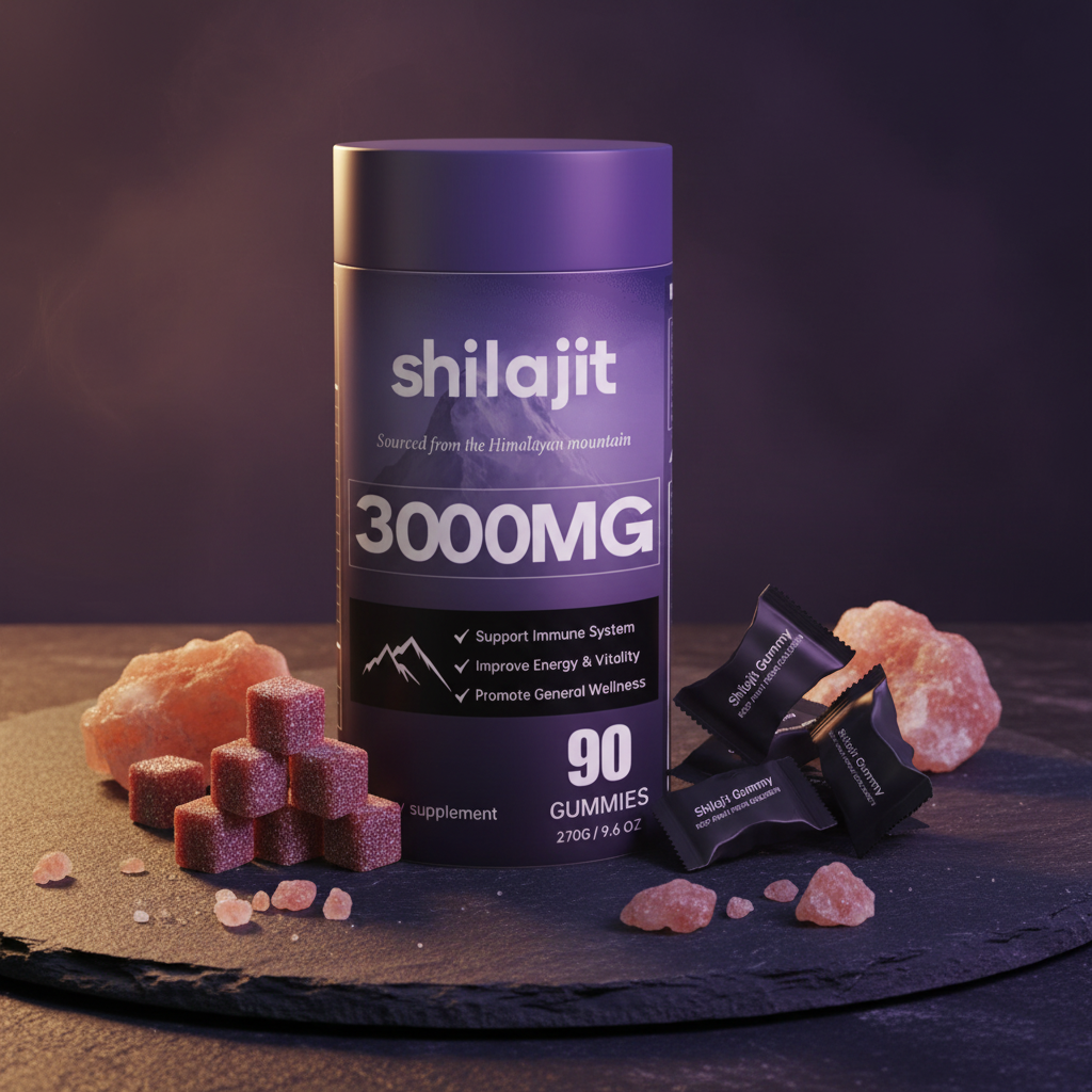 Shilajit gummies lifestyle dark flatlay