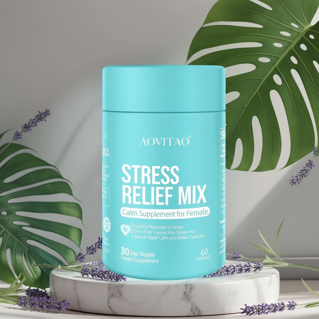 Stress relief supplement on marble with monstera