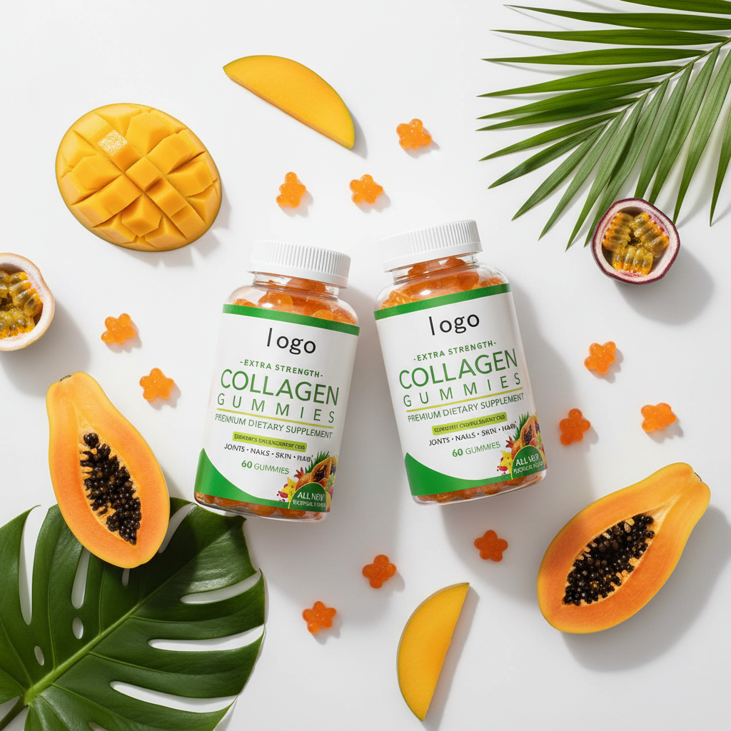 Collagen gummies tropical lifestyle flatlay