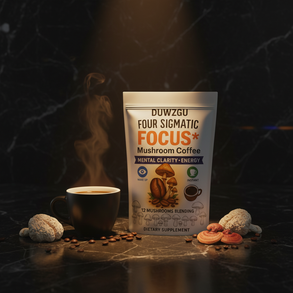 Mushroom coffee dark cinematic product photo