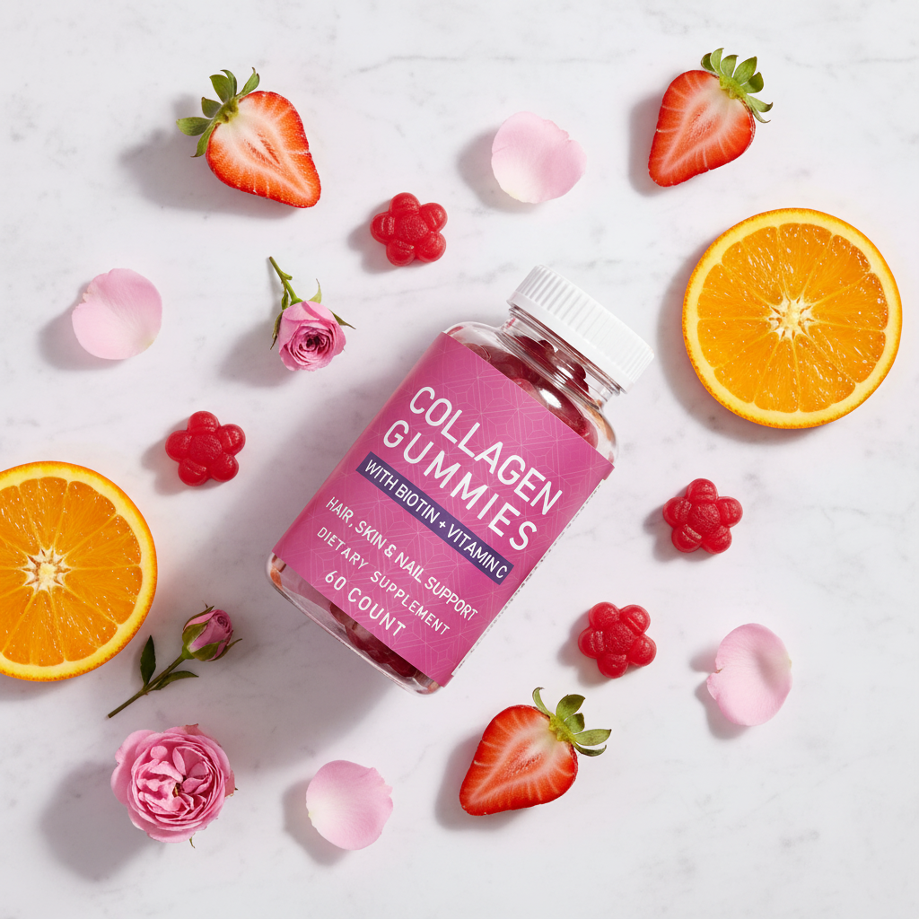 Collagen biotin gummies lifestyle flatlay