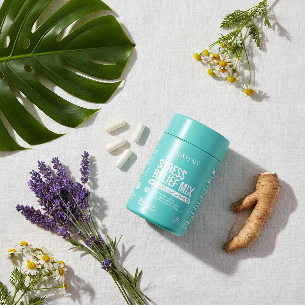 Stress relief supplement flatlay with lavender