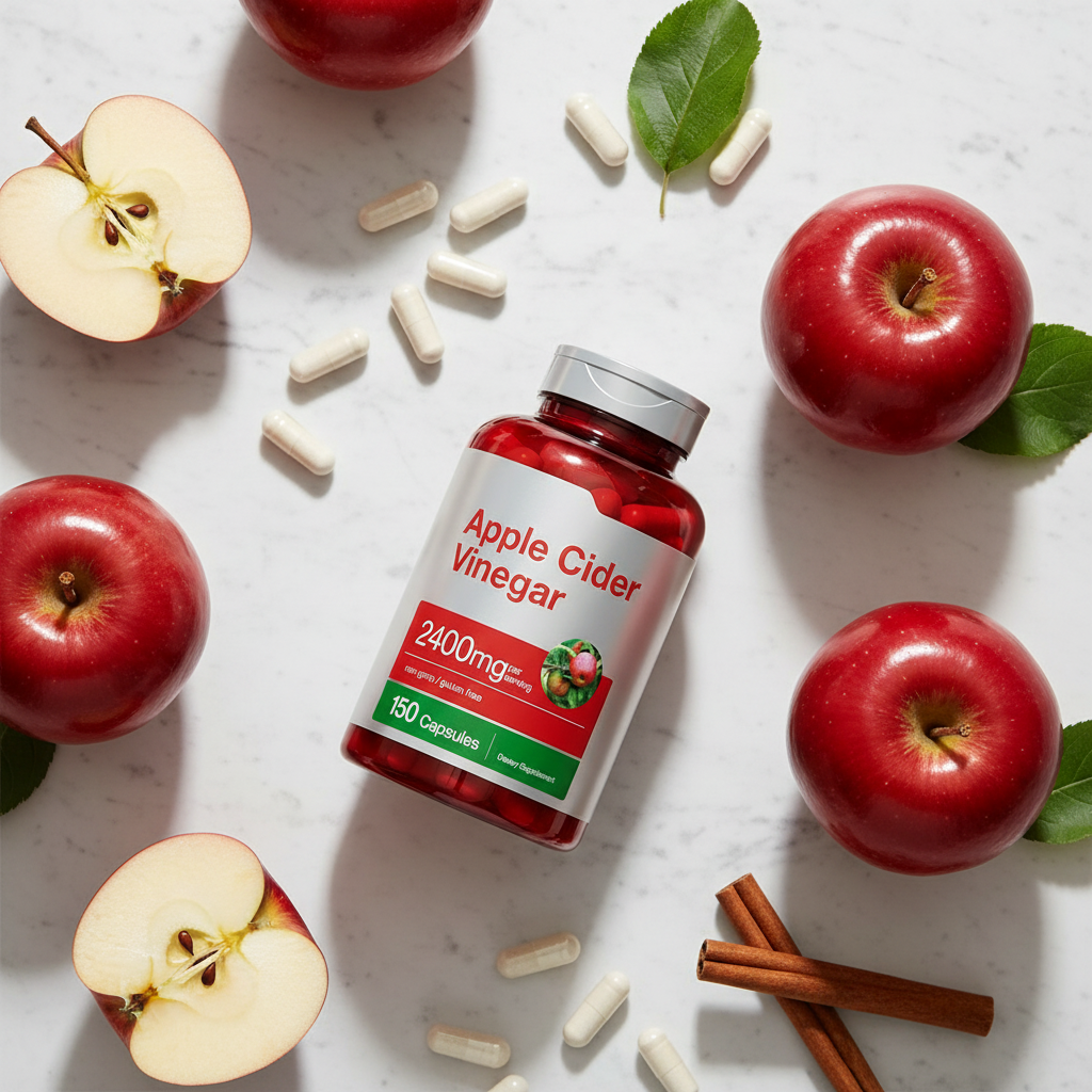 Apple Cider Vinegar supplement flatlay with apples and cinnamon